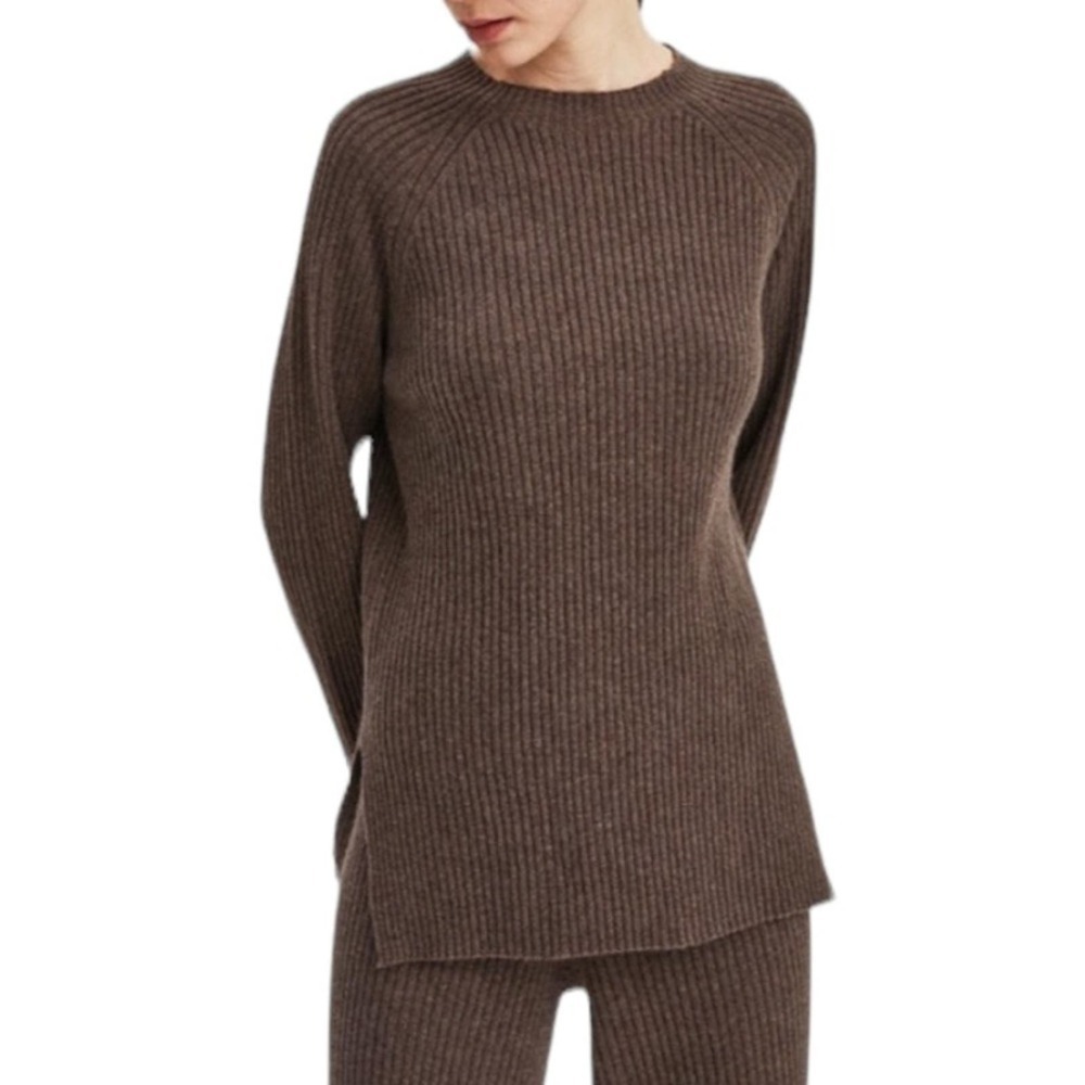 Nap Cashmere Rib-Knit Crew Neck Pullover Sweater M Brown